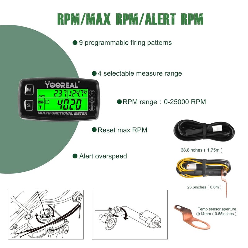 YOOREAL Digital Engine Temperature Gauge Meter,Tachometer and Hour Meter,Removable Temp Probe,Waterproof for Scooter Snowblower Mini Bike Motorcycle Lawn Tractor Generator Dump Truck - Image 5